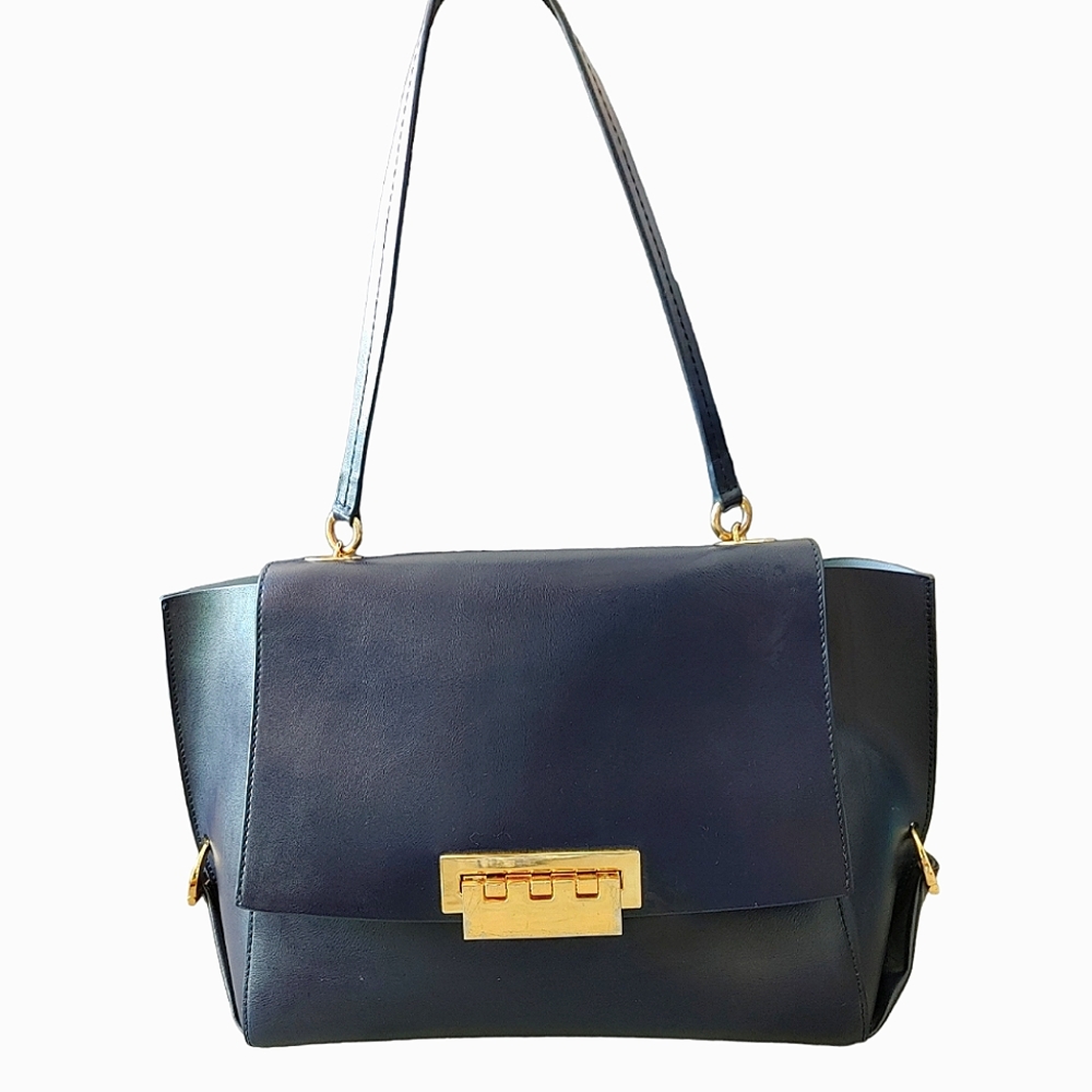 ZAC Zac Posen Navy Leather Top-Handle Shoulder Bag with Gold Hardware